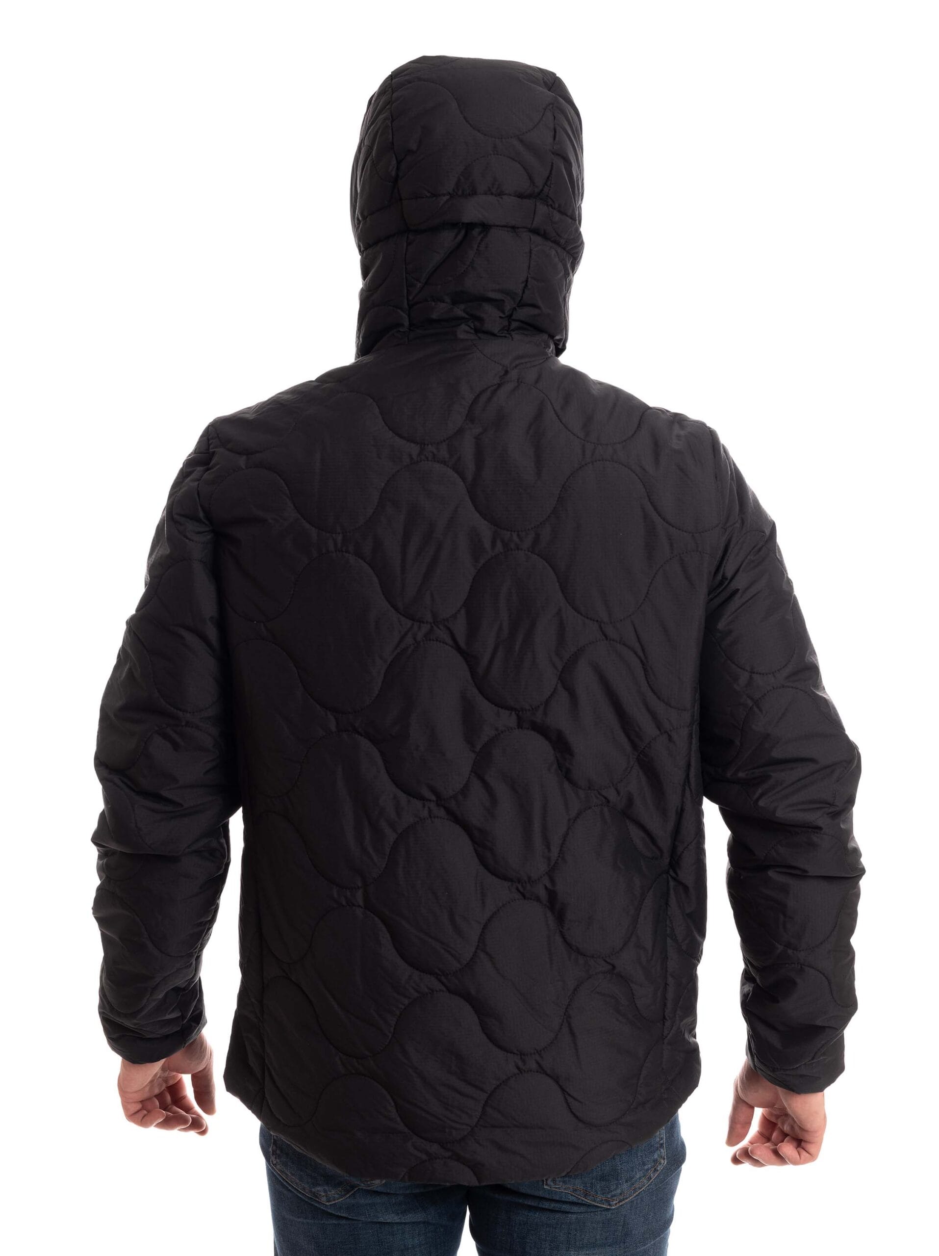 man wearing black light padded jacket back 1