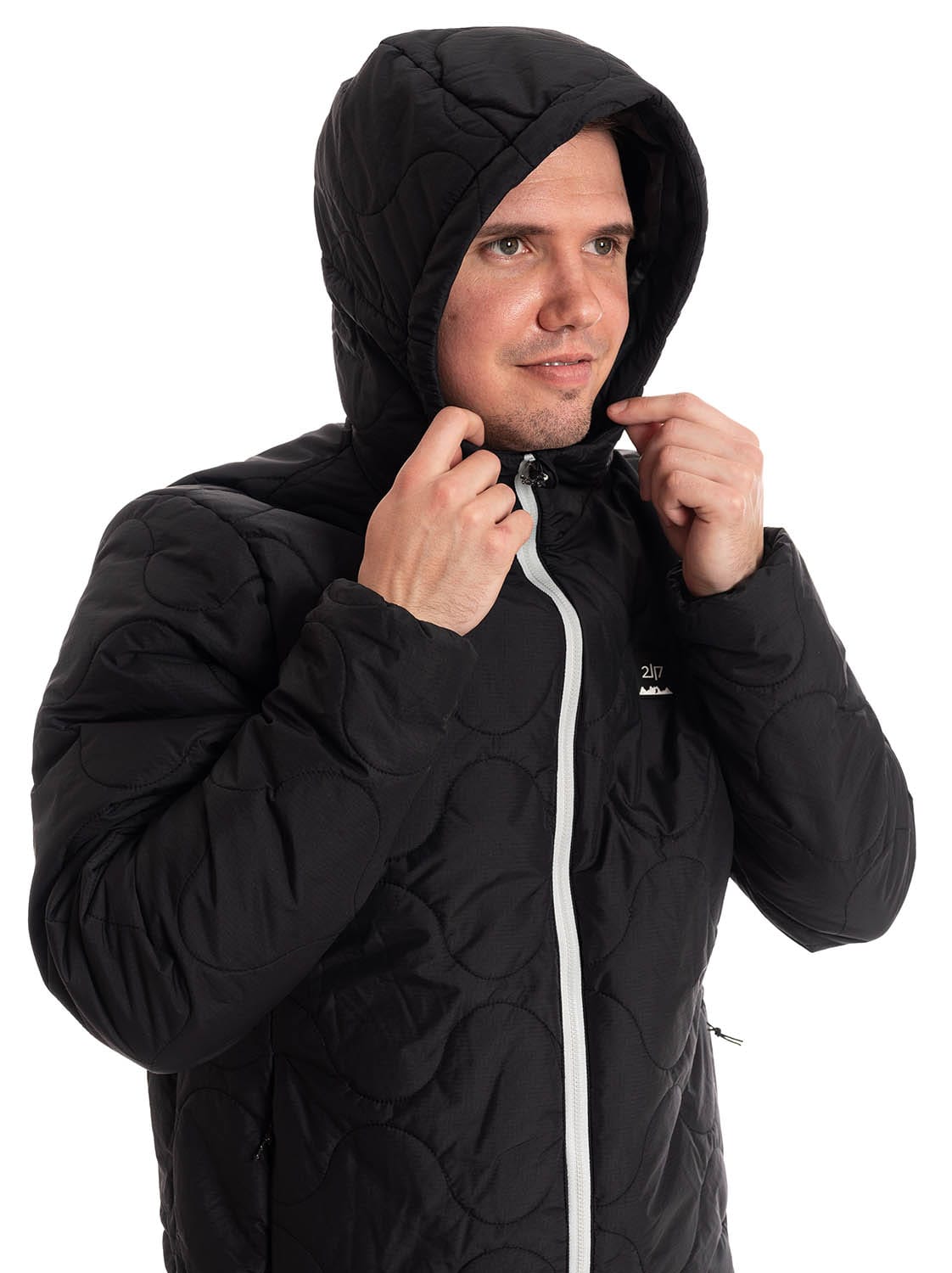 man wearing black light padded jacket hood 1