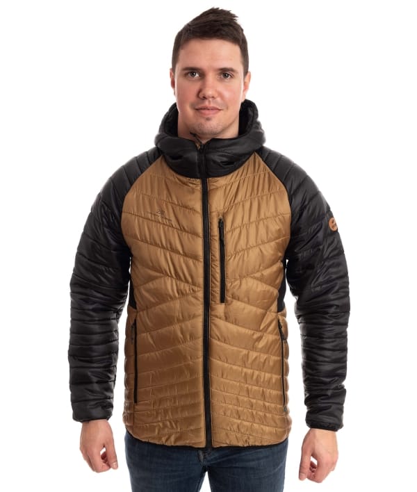 man wearing gold black light padded packable jacket