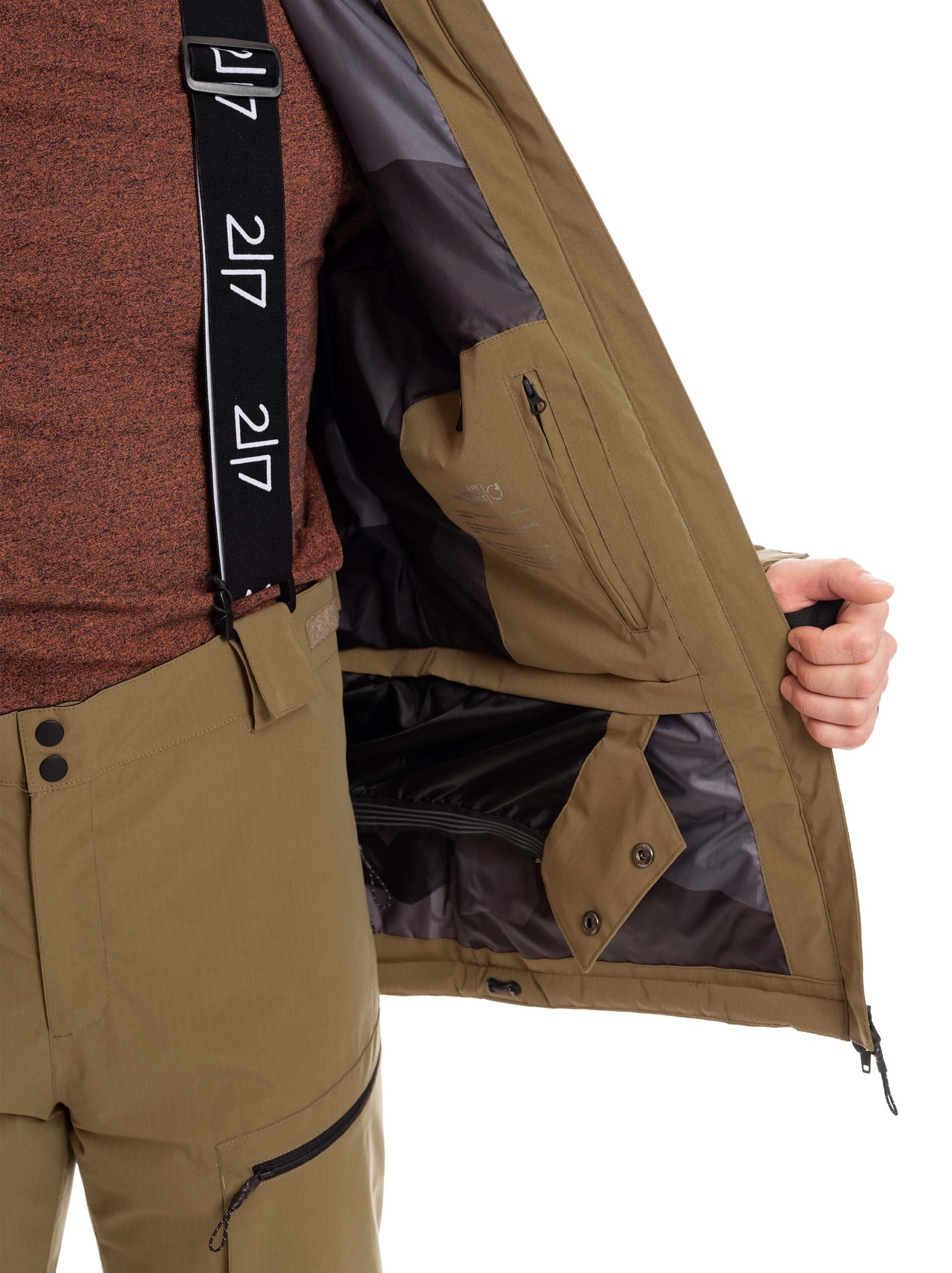 man wearing gold brown light padded ski jacket inside pocket 1