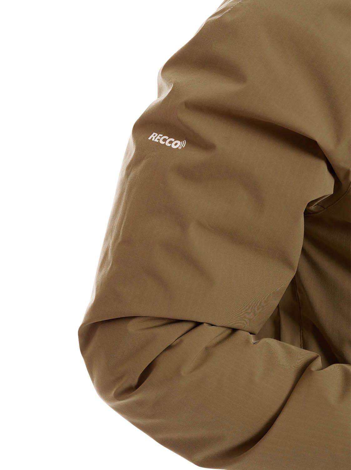 man wearing gold brown light padded ski jacket recco 1