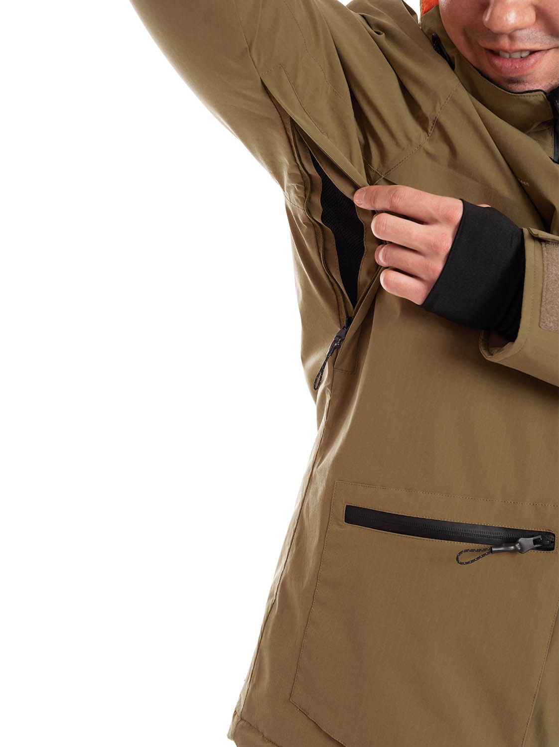 man wearing gold brown light padded ski jacket ventilation 1