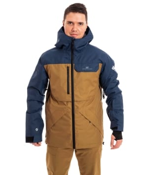 man wearing navy gold brown colorblock light padded ski jacket 1
