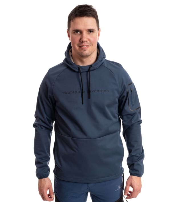 man wearing navy softshell hoodie