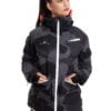 woman wearing black camo light padded ski jacket