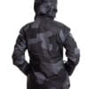 woman wearing black camo light padded ski jacket back