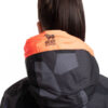 woman wearing black camo light padded ski jacket hood detail
