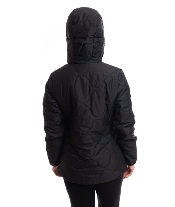 woman wearing black light padded jacket back 1