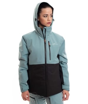 woman wearing dk mint black colorblock light padded ski jacket