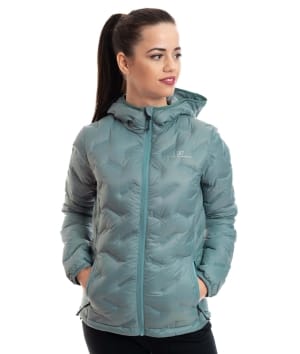 woman wearing dk mint light down jacket 1