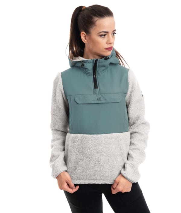 woman wearing dk mint pile hoodie 1
