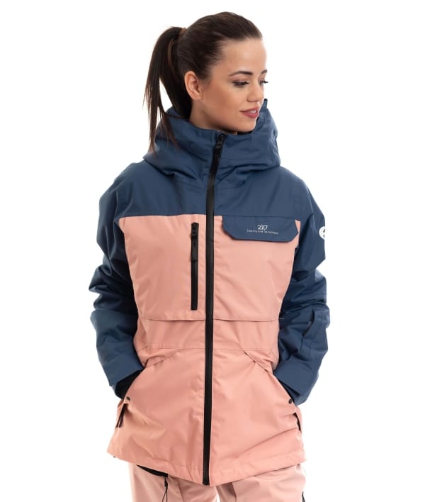 woman wearing pink navy colorblock light padded ski jacket